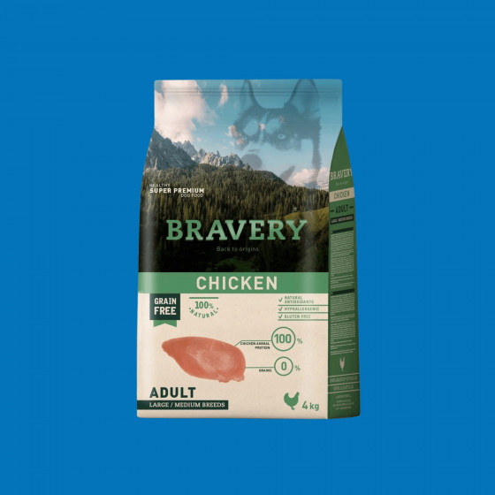 Croquettes chien adulte poulet sans céréales – Bravery