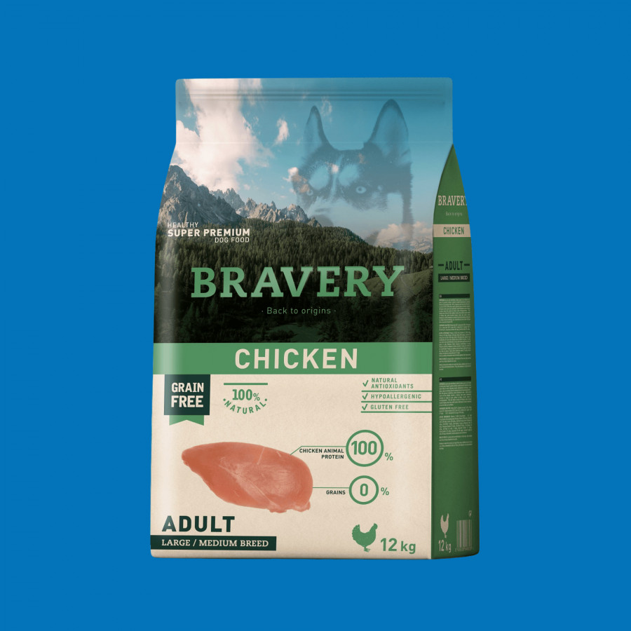 Croquettes chien adulte poulet sans céréales – Bravery